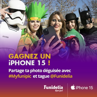 Gagnez un iPhone 15 ! Partagez votre photo déguisé ou avec des produits dérivés et les hashtags #myfunipic et #Funidelia